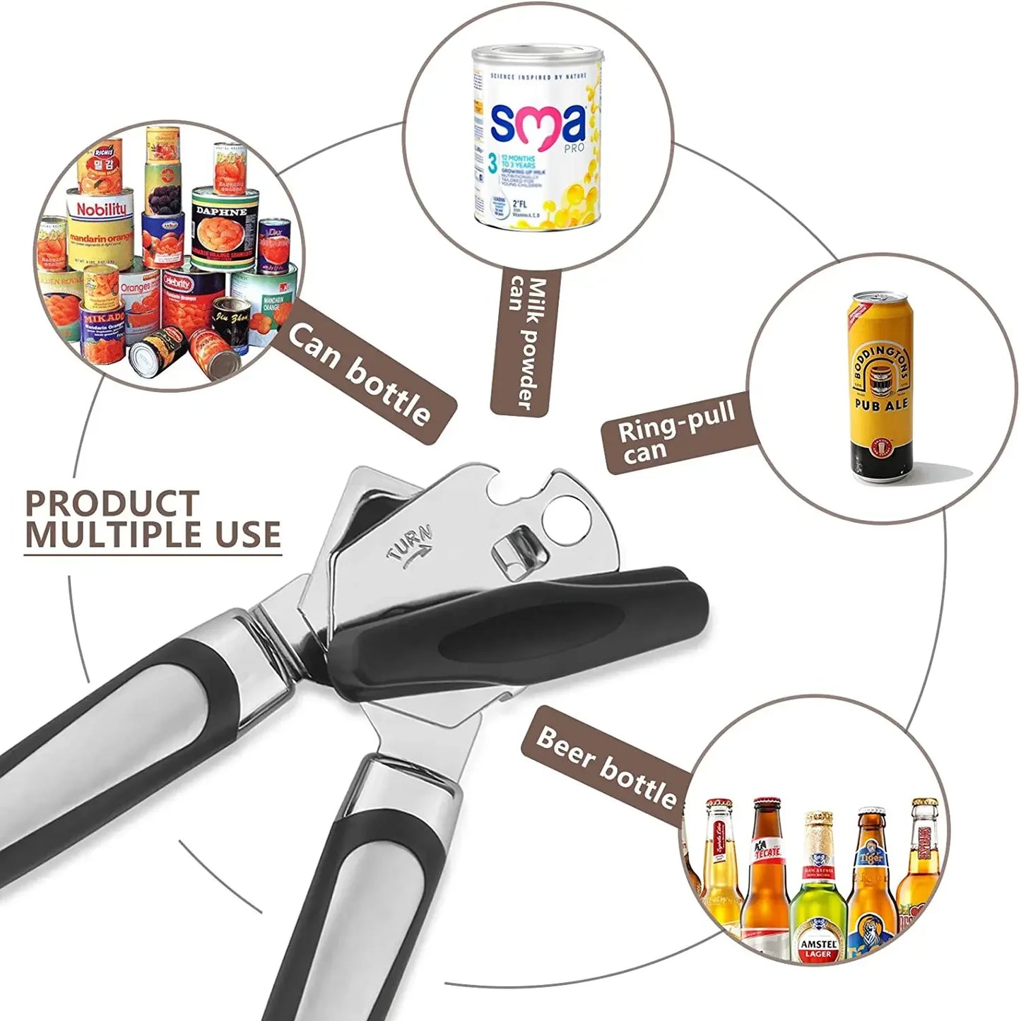 3-in-1 Stainless Steel Can Opener – Smooth Side-Cut, Bottle Opener & Lid Lifter – Easy Grip for Seniors