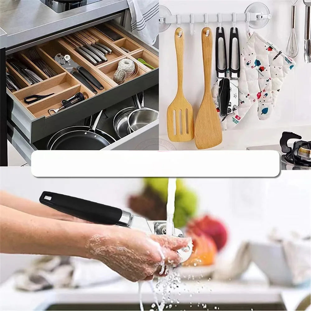 3-in-1 Stainless Steel Can Opener – Smooth Side-Cut, Bottle Opener & Lid Lifter – Easy Grip for Seniors
