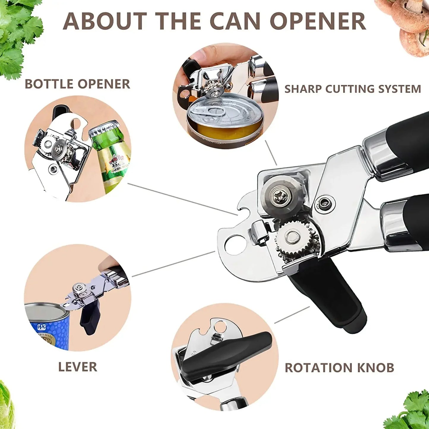 3-in-1 Stainless Steel Can Opener – Smooth Side-Cut, Bottle Opener & Lid Lifter – Easy Grip for Seniors