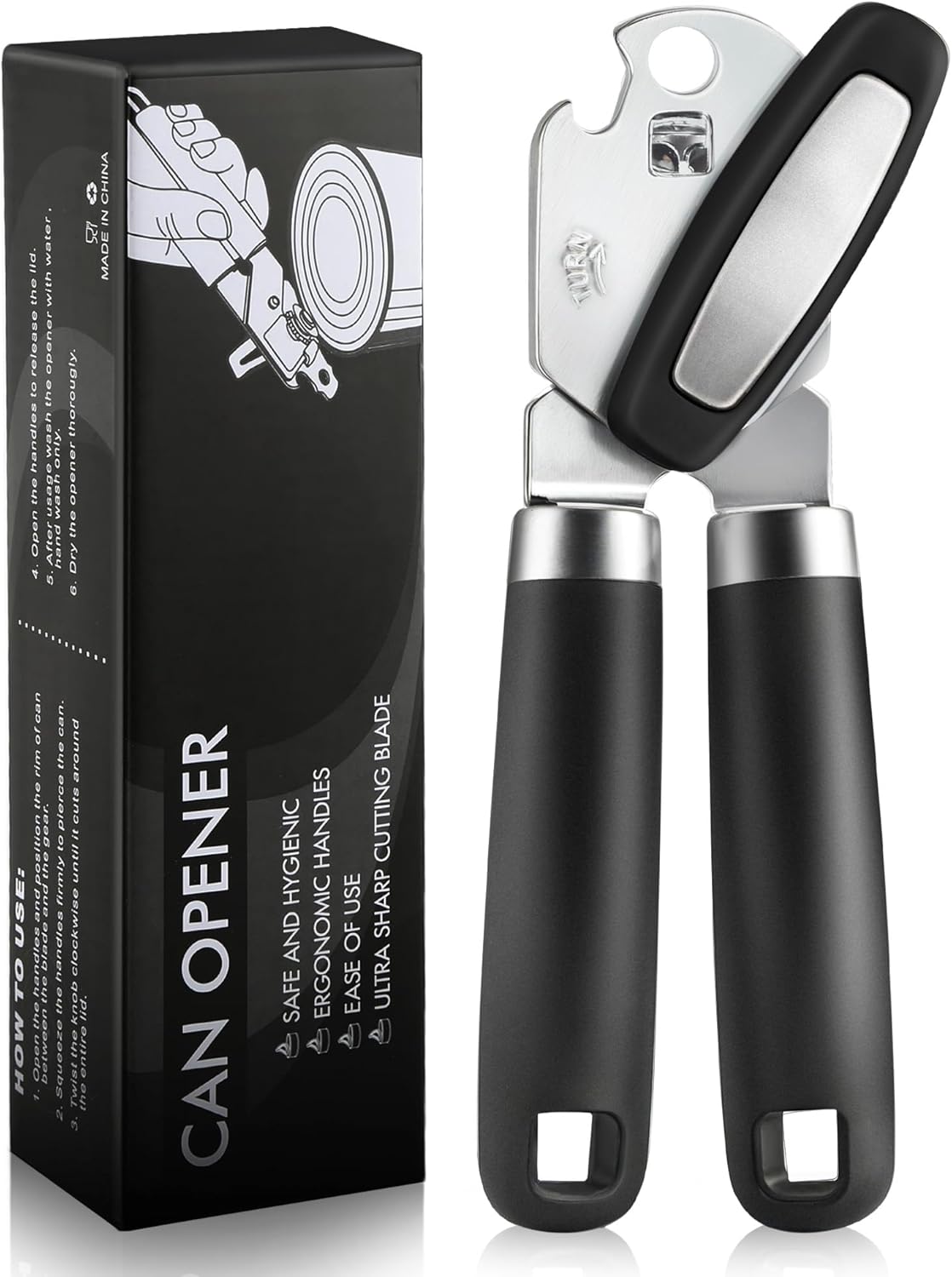 3-in-1 Stainless Steel Can Opener – Smooth Side-Cut, Bottle Opener & Lid Lifter – Easy Grip for Seniors