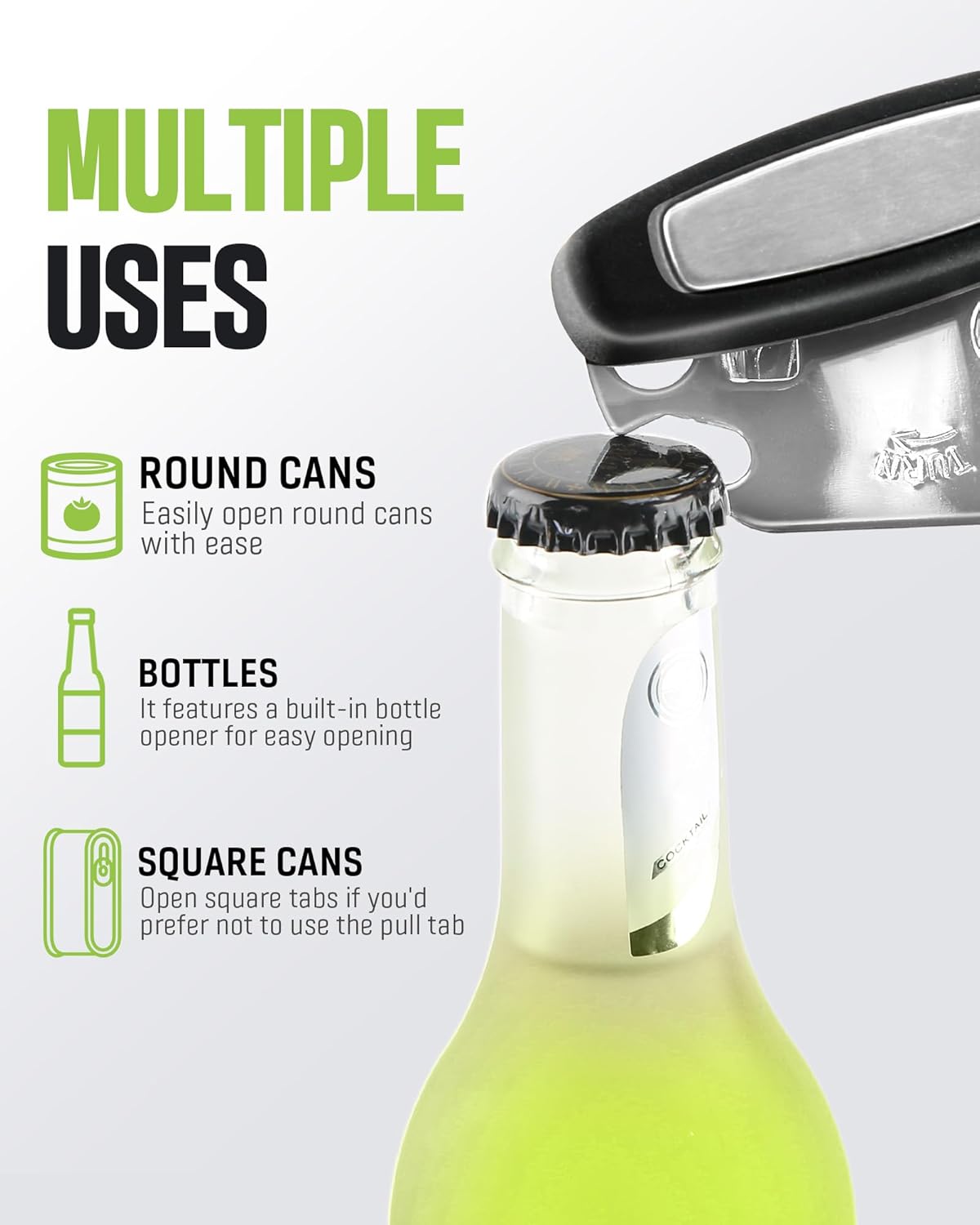 3-in-1 Stainless Steel Can Opener – Smooth Side-Cut, Bottle Opener & Lid Lifter – Easy Grip for Seniors