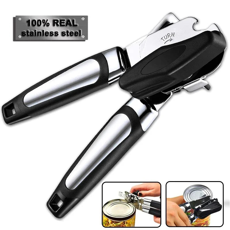 3-in-1 Stainless Steel Can Opener – Smooth Side-Cut, Bottle Opener & Lid Lifter – Easy Grip for Seniors
