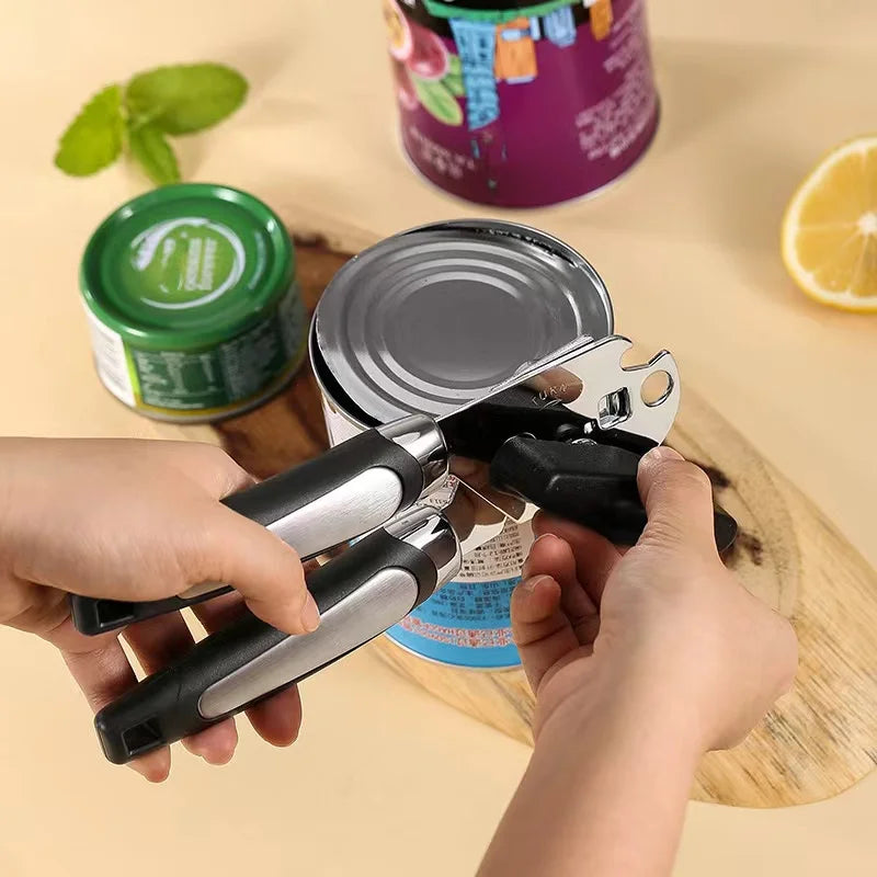 3-in-1 Stainless Steel Can Opener – Smooth Side-Cut, Bottle Opener & Lid Lifter – Easy Grip for Seniors